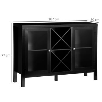 Buffet meuble de rangement 2 portes vitrées avec étagère réglable et porte-bouteilles dim. 107I x 30l x 77H cm MDF noir 3