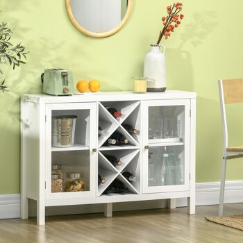 Buffet meuble de rangement 2 portes vitrées avec étagère réglable et porte-bouteilles dim. 107I x 30l x 77H cm MDF blanc 2