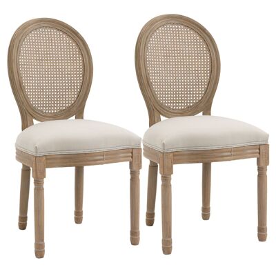 Set of 2 dining room chairs - Louis XVI style medallion lounge chair - carved solid wood, patina - cane backrest - beige linen look