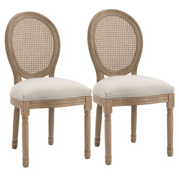 Lot de 2 chaises de salle à manger - chaise de salon médaillon style Louis XVI - bois massif sculpté, patiné - dossier cannage - aspect lin beige 1