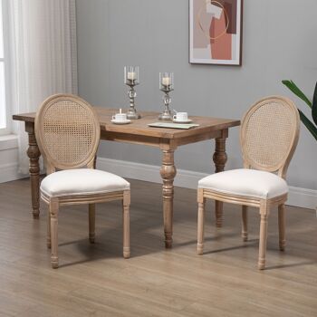 Lot de 2 chaises de salle à manger - chaise de salon médaillon style Louis XVI - bois massif sculpté, patiné - dossier cannage - aspect lin beige 2