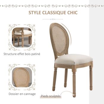 Lot de 2 chaises de salle à manger - chaise de salon médaillon style Louis XVI - bois massif sculpté, patiné - dossier cannage - aspect lin beige 4
