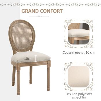 Lot de 2 chaises de salle à manger - chaise de salon médaillon style Louis XVI - bois massif sculpté, patiné - dossier cannage - aspect lin beige 5