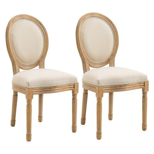 Lot de 2 chaises de salle à manger - chaise de salon médaillon style Louis XVI - bois massif sculpté, patiné - aspect lin beige