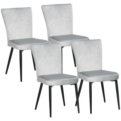 Set of 4 designer living room chairs with slanted tapered legs, black steel, light gray velvet