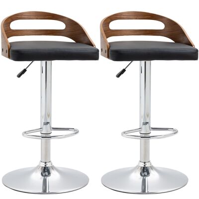 Set of 2 contemporary design bar stools adjustable seat height 360° swivel black synthetic covering open back wood look