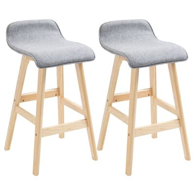Scandinavian style bar stools - set of 2 bar stools with footrest - fir wood polyester fabric gray linen look