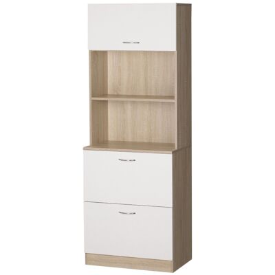 High sideboard - kitchen cupboard - 2 sliding drawers, high cupboard with lift-up door, niche, tray - white light wood look