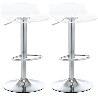 Set aus 2 modernen Designer-Barhockern mit Acrylsitz und Metallbasis – 360° drehbar – höhenverstellbar mit Fußstütze – transparent
