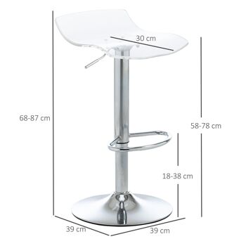 Lot de 2 tabourets de bar design contemporain assise acrylique et piètement métal - pivotant 360° - hauteur réglable avec repose-pieds - transparent 3