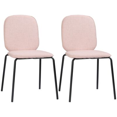 Set of 2 neo-retro style medallion chairs, black steel base, pink linen-like fabric covering