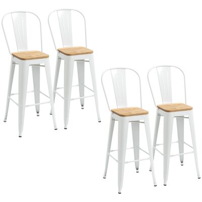 Set of 4 industrial bar stools with backrest footrest seat height 76 cm white steel elm wood