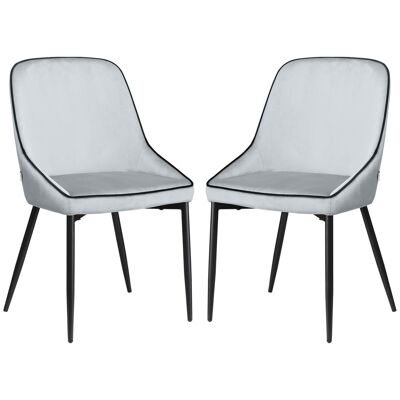 Set of 2 designer dining room chairs with tapered slanted legs, black steel, light gray velvet look