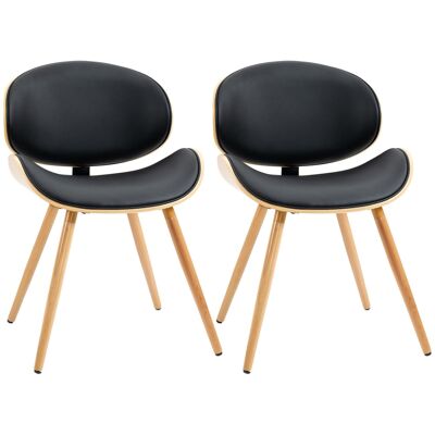 Set of 2 vintage designer wooden chairs with mixed synthetic black fabric covering