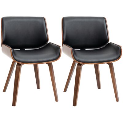 Set di 2 sedie design vintage, struttura in legno di pioppo, effetto noce, rivestimento misto tessuto sintetico nero