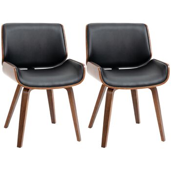 Lot de 2 chaises design vintage piètement châssis bois peuplier aspect noyer revêtement mixte synthétique tissu noir 1