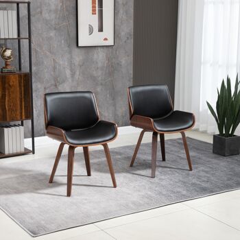 Lot de 2 chaises design vintage piètement châssis bois peuplier aspect noyer revêtement mixte synthétique tissu noir 2
