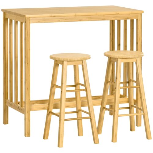 Ensemble table de bar 2 tabourets avec repose-pieds bois de bambou verni