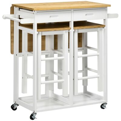 Foldable bar table set on wheels with 2 drawers - 2 stools included - varnished and white bamboo wood