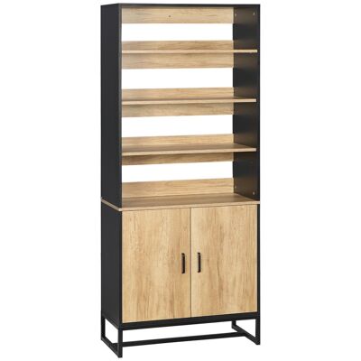 Credenza alta multispazio 2 ante totale 5 ripiani base in acciaio nero pannelli effetto legno chiaro