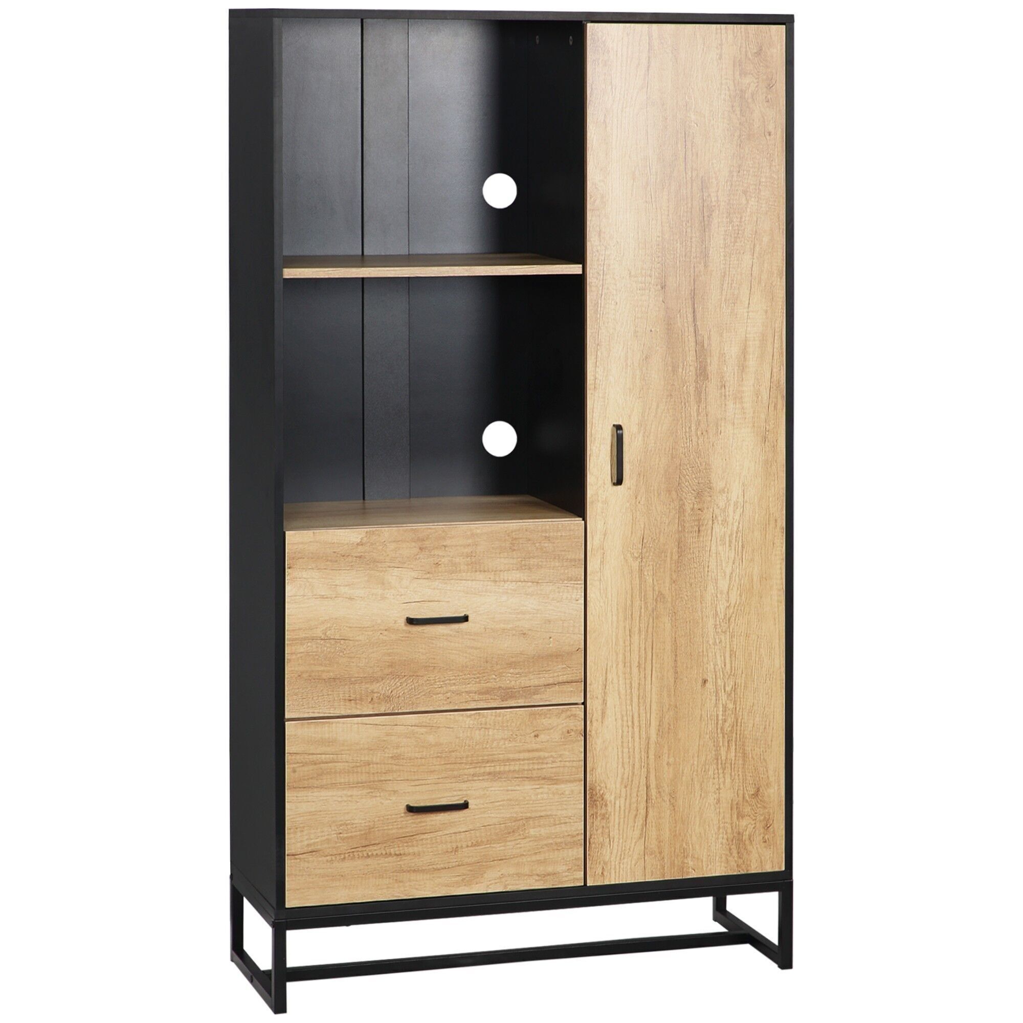 Credenza alta multispazio un'anta 3 ripiani 2 cassetti 2 nicchie gambe in acciaio nero effetto rovere chiaro