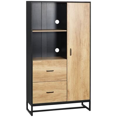 High multi-storage sideboard one door 3 shelves 2 drawers 2 niches black steel legs with light oak look