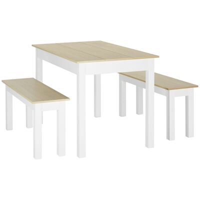 Ensemble table à manger 3 pièces - 2 bancs encastrables, grande table 4-6 personnes - blanc aspect bois clair