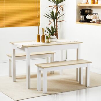 Ensemble table à manger 3 pièces - 2 bancs encastrables, grande table 4-6 personnes - blanc aspect bois clair 2