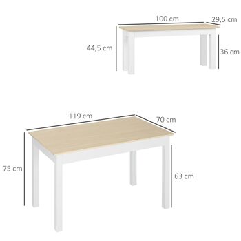 Ensemble table à manger 3 pièces - 2 bancs encastrables, grande table 4-6 personnes - blanc aspect bois clair 3