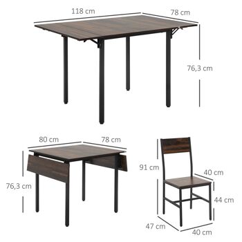 Ensemble table à manger extensible 80-118 cm 2 places design industriel - table double rabat - acier noir aspect bois 3