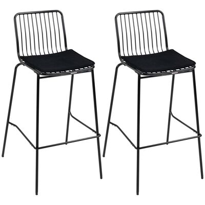 Set aus 2 Designer-Barstühlen aus verdrahtetem Metall mit Kissen – Komfort und Industriestil – perfekt für die Küche oder Bar mit Rückenlehne und Fußstütze – Schwarz