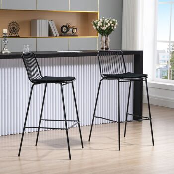 Lot de 2 chaises de bar design métal filaire avec coussin - confort et style industriel - parfait pour la cuisine ou le bar avec dossier et repose-pieds - noir 2