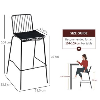 Lot de 2 chaises de bar design métal filaire avec coussin - confort et style industriel - parfait pour la cuisine ou le bar avec dossier et repose-pieds - noir 3