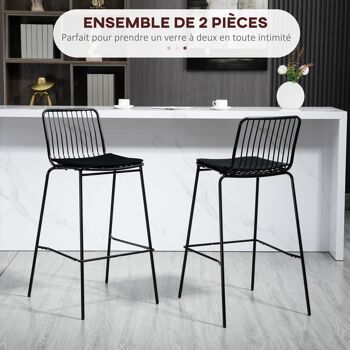 Lot de 2 chaises de bar design métal filaire avec coussin - confort et style industriel - parfait pour la cuisine ou le bar avec dossier et repose-pieds - noir 4