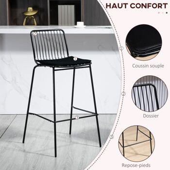 Lot de 2 chaises de bar design métal filaire avec coussin - confort et style industriel - parfait pour la cuisine ou le bar avec dossier et repose-pieds - noir 5