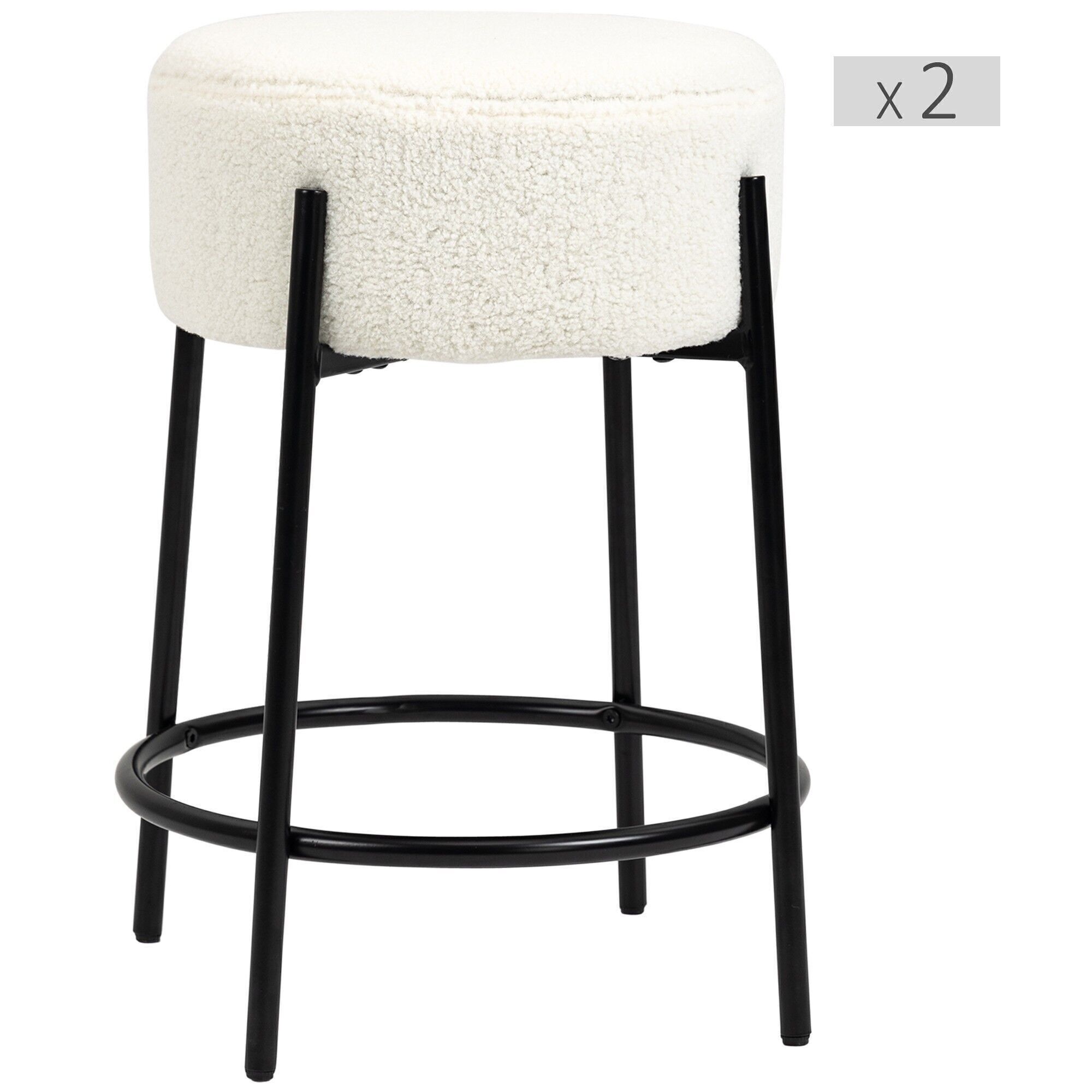 Set of 2 designer bar stools - footrest - black steel with white curly wool effect covering