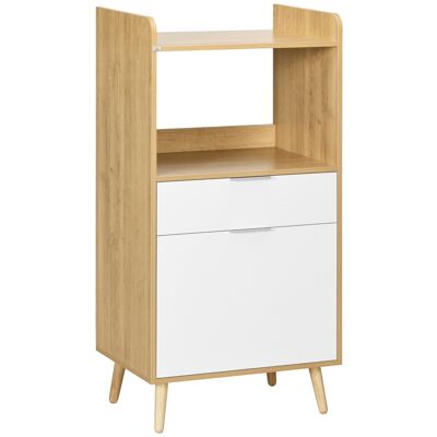 Meuble desserte de cuisine micro-onde style scandinave - porte, 2 étagères, tiroir, niche - blanc aspect chêne clair