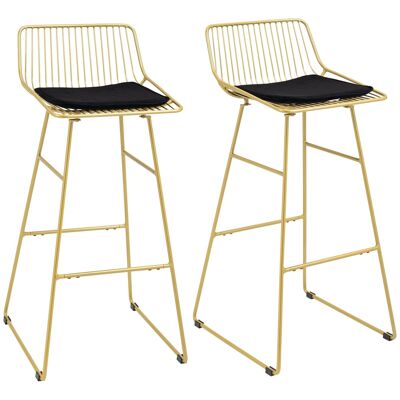 Set aus 2 Designer-Barstühlen aus goldfarbenem Drahtstahl mit schwarzem Kissen – Eleganz und Komfort – Fußstütze – geeignet für Tische mit einer Länge von 104–109 cm