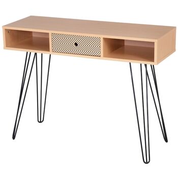 Table d'appoint console design scandinave graphique dim. 100L x 35l x 75H cm 2 niches tiroir pieds effilés acier noir panneaux particules chêne 1