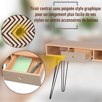 Table d'appoint console design scandinave graphique dim. 100L x 35l x 75H cm 2 niches tiroir pieds effilés acier noir panneaux particules chêne 5