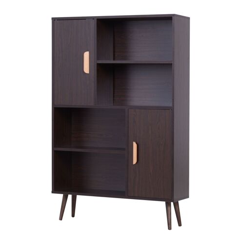 Bibliothèque scandinave 4 niches + 2 placards avec étagère dim. 80L x 24l x 123H cm pieds effilés inclinés bois massif panneaux particules wengé