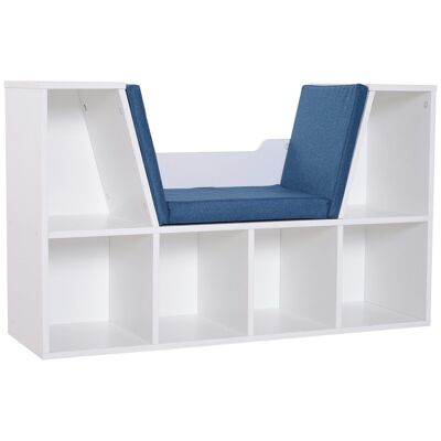 Panca libreria 2 in 1 design contemporaneo 6 scomparti 3 cuscini forniti 102L x 30L x 61A cm bianco blu