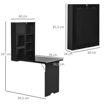 Bureau mural pliable table murale rabattable suspendue sur pied étagère + tableau à craie intégré MDF noir 3