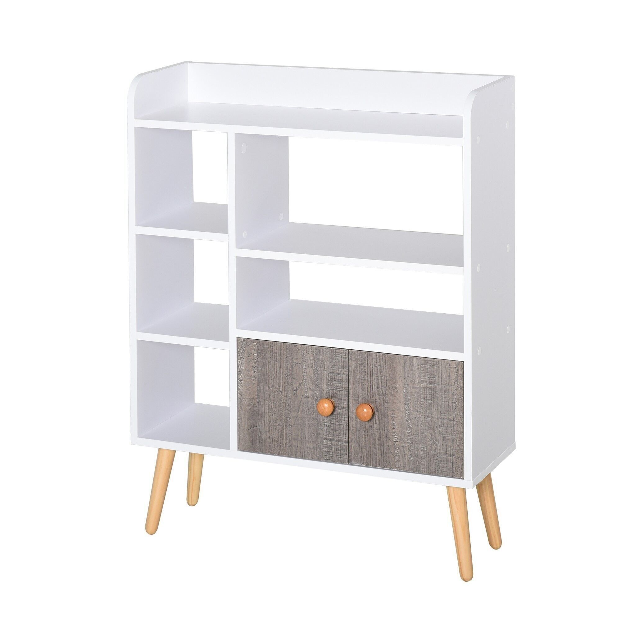 Bibliothèque scandinave 3 niches + 2 étagères + placard double porte + grand plateau pieds effilés inclinés bois massif panneaux particules blanc gris