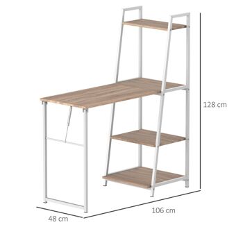 Bureau pliable rabattable - bureau bibliothèque 2 en 1 - 4 étagères - imitation bois chêne clair métal blanc 3