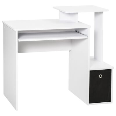 Multimedia computer desk shelves tablet keyboard basket black white particle board