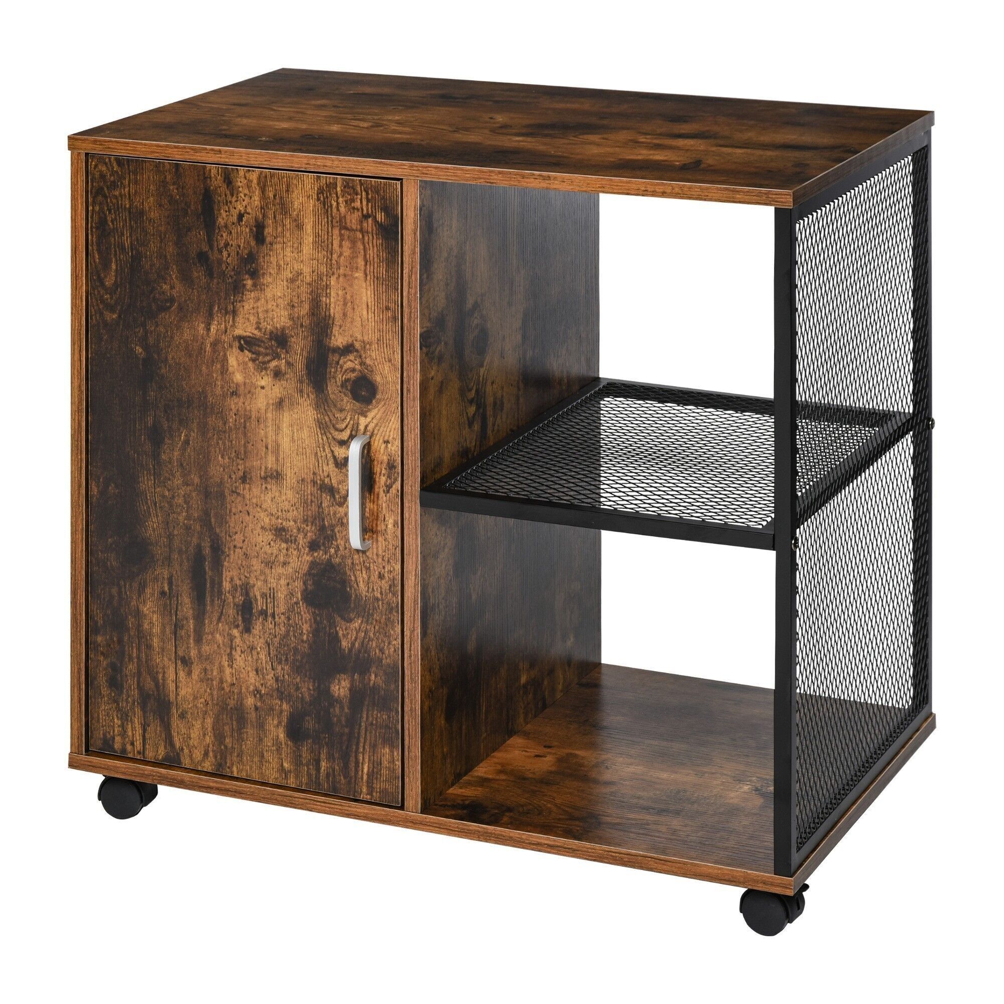 HOMCOM Supporto per stampante - scatola organizer da scrivania - armadio con ante, 2 nicchie, piano grande - truciolare color legno in metallo nero