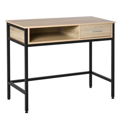 Schreibtisch im Industriestil mit Schließfach + ausziehbarer Schublade, Gestell aus schwarzem Metall und Spanplattenplatte aus heller Eiche