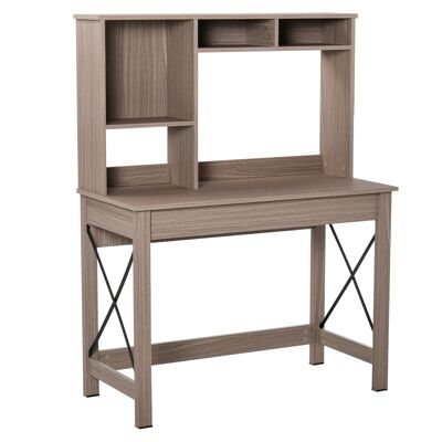 2-in-1 bookcase desk - 3 niches 4 storage spaces - light brown wood look particleboard, black metal