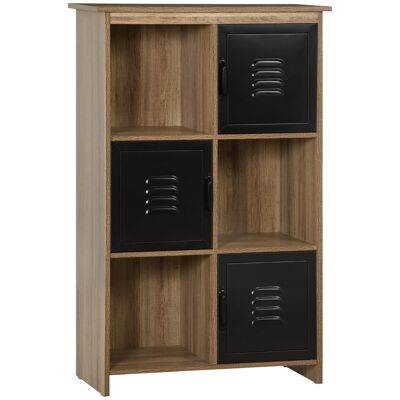 Industrial design bookcase - storage unit with 3 niches 3 compartments - grained wood look particleboard with black metal doors